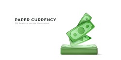 Green USA paper currency. 3d dollar isolated on white background. Realistic money business concept. Wealth and success symbol. Vector illustration