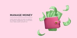 Wallet with paper currency and credit card in realistic cartoon style. 3D purse with green twisted dollars and falling money. Vector illustration