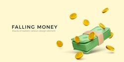 Falling money. 3d realistic cartoon gold coins and dollar banknote bundle. Big win or jackpot banner. Vector illustration