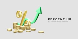 Stacks of gold coins and percent sign with green up arrow. Business or startup success. Vector illustration