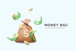 3D money bag with dollar sign and falling green paper currency and gold coins. Banking and finance business banner. Vector illustration