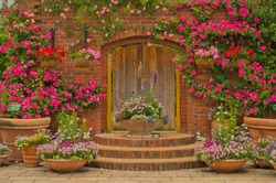 Beautiful botany garden decorated with wooden doors with pink angela climbing rose ,pretty tiny flowers in the wooden pot and the hanging pot of geranium flowers in Uminonakamichi Park, Fukuoka, Japan