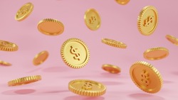 Golden coin 3D on pink background