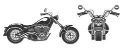Chopper motorcycle front and side view isolated on white background black and white vector illustration.