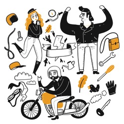 The drawing character of people are biker. Collection of hand drawn. Vector illustration in sketch doodle style.