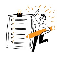 Successful completion of business tasks. Positive businessman with a giant pencil nearby marked checklist on a clipboard paper. Hand drawn vector illustration doodle style.