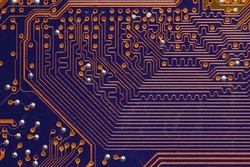 Orange Circuit board, electronic computer hardware technology. Motherboard digital chip. Technical science