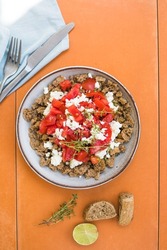 Dakos greece salad. Rusks with tomatoes and feta cheese.
