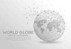World globe digitally drawn in the form of broken a part triangle shape and scattered dots low poly wire frame.
