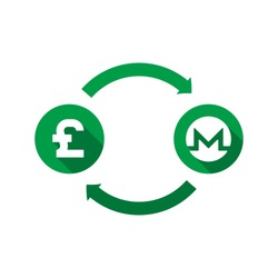 currency exchange vector concept. green symbols of pound and monero with long shadows and arrows on white background. flat cartoon money converter illustration. eps 10