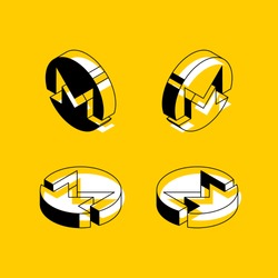 set of isometric symbols of monero cryptocurrency on yellow background. abstract trend retro symbols or signs in geometric 3D shape style on yellow background. eps 10