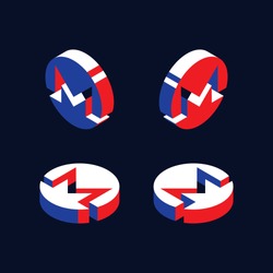 set of isometric symbols of monero cryptocurrency. abstract trend retro symbols or signs in geometric 3D shape style with red, blue and white colors. eps 10