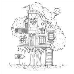 Hand drawn coloring page. Cute treehouse with grass, tree, stairway.