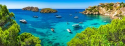 Majorca Panorama, beautiful seascape bay with luxury yachts at the coast of Santa Ponsa, Mallorca Mediterranean Sea, Balearic Islands.