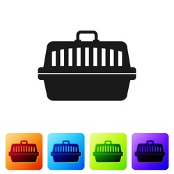 Black Pet carry case icon isolated on white background. Carrier for animals, dog and cat. Container for animals. Animal transport box. Set icon in color square buttons. Vector Illustration