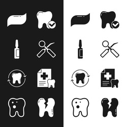 Set Dental inspection mirror, Painkiller tablet, Toothpaste, whitening concept, card, Broken tooth and with caries icon. Vector