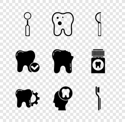 Set Dental inspection mirror, Tooth with caries, floss, treatment procedure, Human head tooth, Toothbrush, whitening concept and Broken icon. Vector