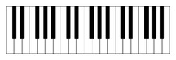 Three octaves on keyboard to play notes of Western musical scale. Twelve keys of an instrument are an interval of one octave, seven longer in white, five shorter in black color. Illustration. Vector.