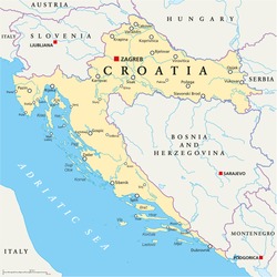 Croatia Political Map with capital Zagreb, national borders, important cities, rivers and lakes. English labeling and scaling. Illustration.