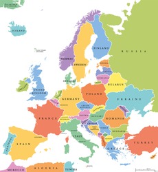 Europe single states political map. All countries in different colors, with national borders and country names. English labeling and scaling. Illustration on white background.