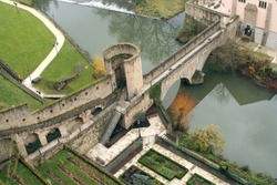 Luxembourg - The aerial view of Stierchen Bridge (Pont du Stierchen), medieval stone arch footbridge, and Alzette River in the Grund quarter of old town of capital