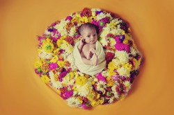 cute new born baby girl lying in sunflower, marigold, roses and other colorful flower wreath, wrapped in white cloth, on yellow orange background isolated photoshoot