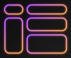 Neon gradient frames set, collection of purple-orange glowing rounded rectangle borders isolated on a dark background. Colorful night banners, bright illuminated shapes, vector light effect.