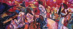  singer, jazz club, saxophonist, jazz band, oil painting, artist Roman Nogin, series 