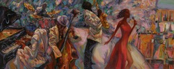  jazz singer, jazz club, jazz band,oil painting, artist Roman Nogin, series 