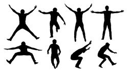 Black vector silhouettes of jumping or falling man isolated on white background