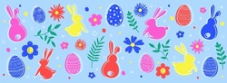Easter banner with coloured eggs, bunnies and flowers. Vector illustration