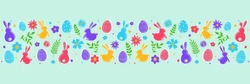 Easter banner with coloured eggs, bunnies and flowers. Vector illustration