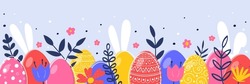 Colourful banner with Easter eggs, bunnies and flowers. Cartoon style Easter design. Vector illustration