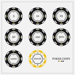 Poker chips in flat style. The value 5,10,25,50,100,500,1000. Dealer