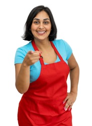 Pretty mature adult latin american waitress isolated white background for cut out