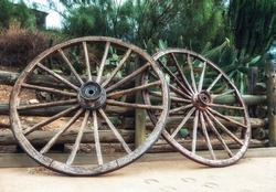 Antique Wagon Wheels at a farm.
