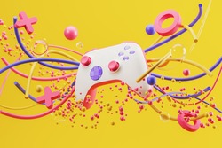White standard game controller, joystick, gamepad on a yellow background with abstract geometric shapes. 3d rendering