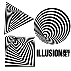 Illustration of Vector Optical Illusion. Optical Illusion Cone. Optical Illusion Triangle. Optical Illusion Square. Black and White Spiral Optical Illusion.