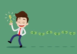 Successful young businessman is walking holding the key to creating wealth and having money floating behind, Cartoon vector illustration