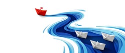Success leadership concept, Origami red paper boat floating in front of white paper boats on winding blue river, Paper art design banner background, Vector illustration