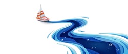 Journey of the paper sailboat in the winding blue sea, Paper art and digital craft style background, Vector illustration