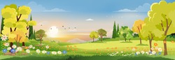 Spring landscape in village with green field and sunset,Vector flat cartoon rural farmland with mountain and forest, pink and blue sky, Natural scene in countryside,Panorama view on sunny day Summer