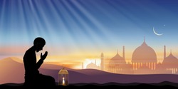 Islamic prayer,Silhouette Muslim man making a supplication (salah)sitting on desert,Arab person praying,Islamic mosque with Lantern light, crescent moon,star. Vector Eid Mubarak, Ramadan Kareem banner