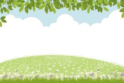Spring background with rural grass field landscape, green leaves border on blue sky background,Vector cute cartoon for Easter with copy space sky and cloud,Backdrop banner for Hello spring, Summer 