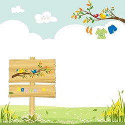 Spring background with welcome flags on wooden signboard,Kid clothe hanging on tree with clouds on blue sky background,Vector Banner of green grass field in Sunny day,Easter greeting card