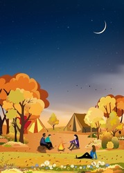 Family vacation camping at countryside in Autumn. People sitting near campfire having fun talking together,Vertical Vector landscape fall forest tree at night with crescent moon, star on dark blue sky