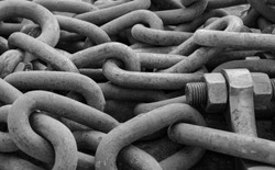 Close up of Anchor chain, Stud link anchor chains, Jumbo chain links, in black and white