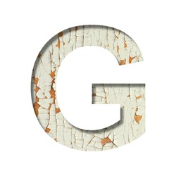 Rustic font. The letter G cut out of paper on the background of old rustic wall with peeling paint and cracks. Set of simple decorative fonts