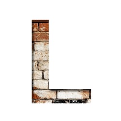 Brick font. The letter L on the background of an old brick wall with peeled paint. Decorative alphabet from old brickwork.