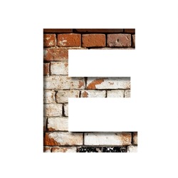 Brick font. The letter E on the background of an old brick wall with peeled paint. Decorative alphabet from old brickwork.